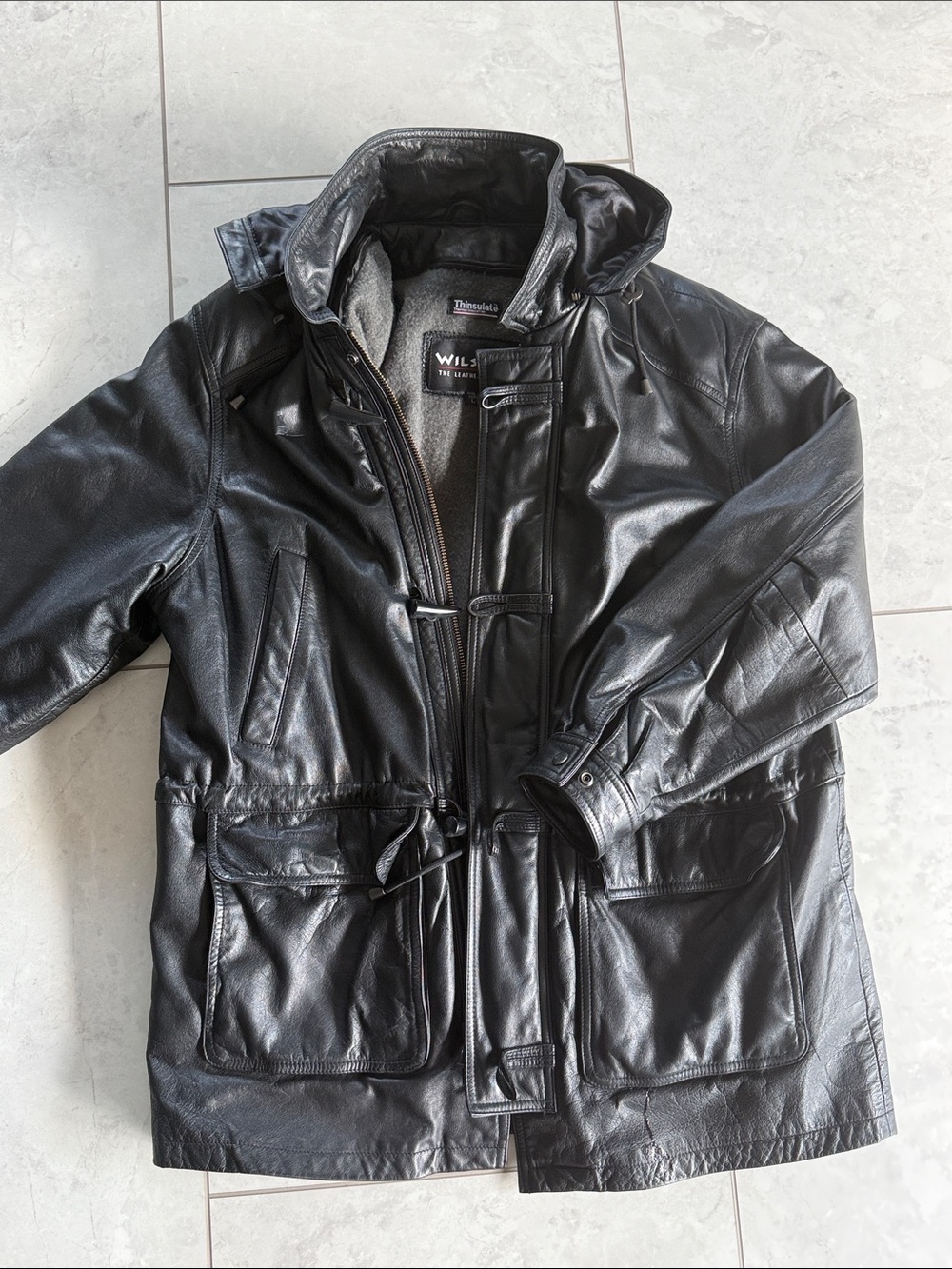 Wilsons Leather Black Men’s Trench Coat with Drawstring Waist